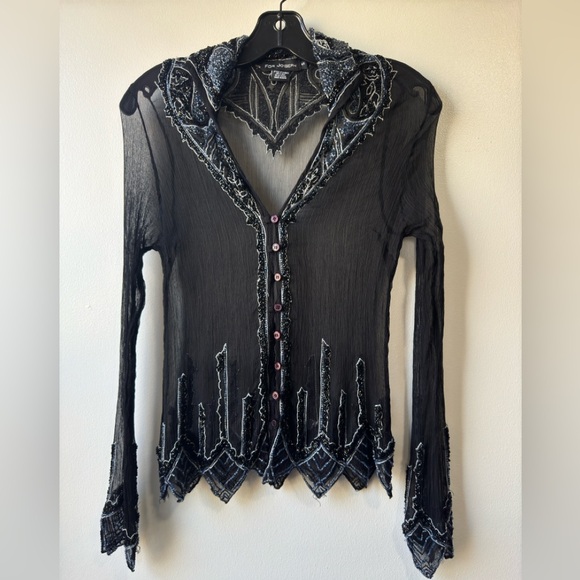 Vintage For Joseph Sheer Embellished Silk Top Sz S - Picture 3 of 16